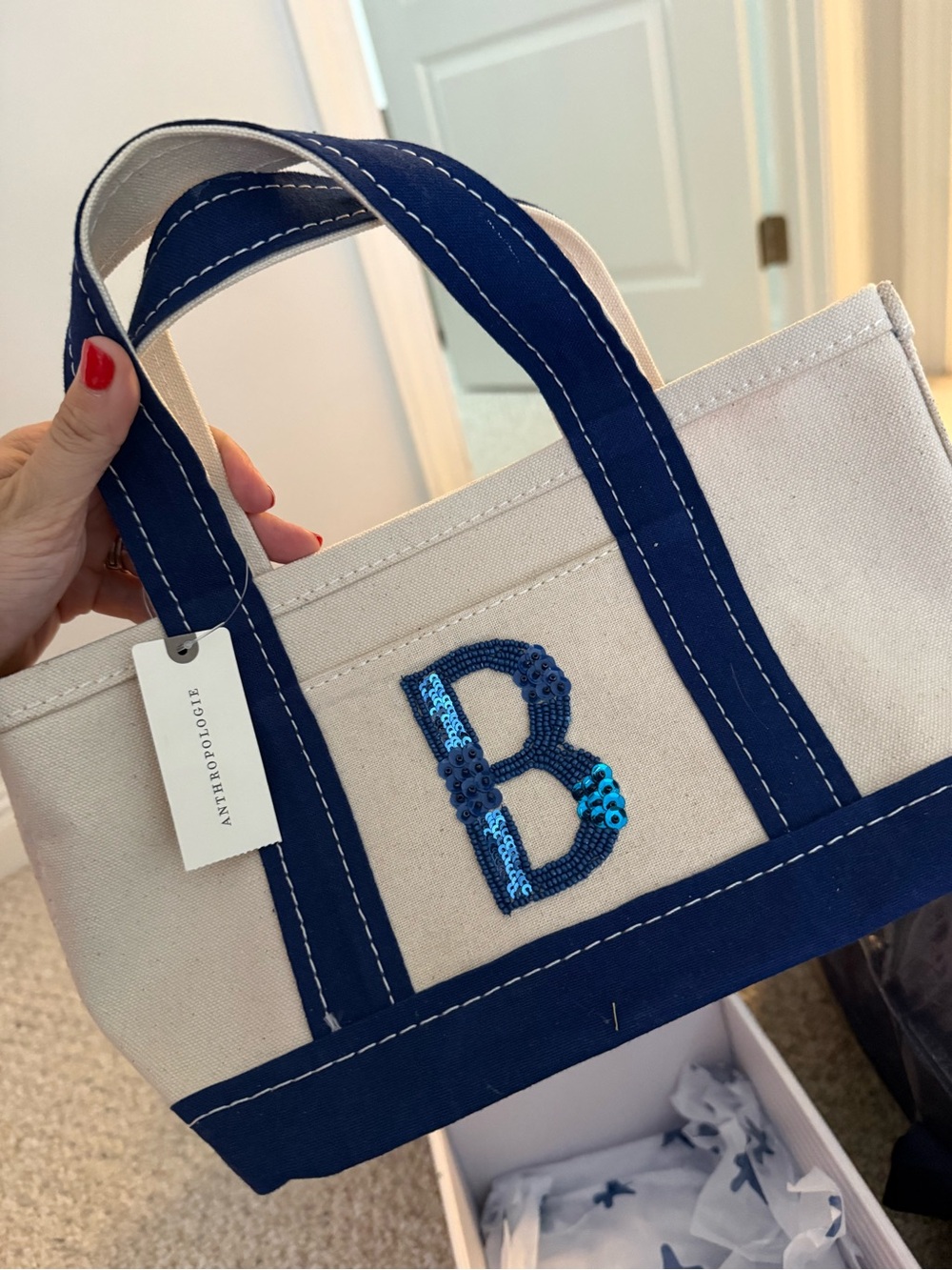 Anthropologie Cream Canvas Tote with Navy Trim and Blue Sequin 'B'